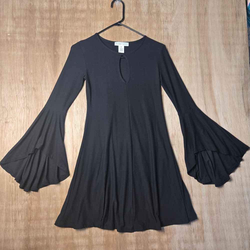 Whimsigoth Witchy Black Keyhole Tiered Bell Sleeve Mini Dress XS Boho Stretch